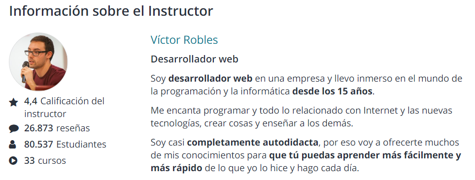 Ficha de instructor online de Víctor Robles con más de 91.000 alumnos