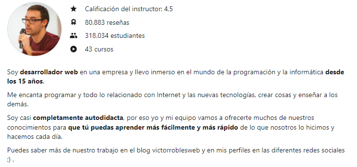Ficha de instructor online de Víctor Robles con más de 318.000 alumnos
